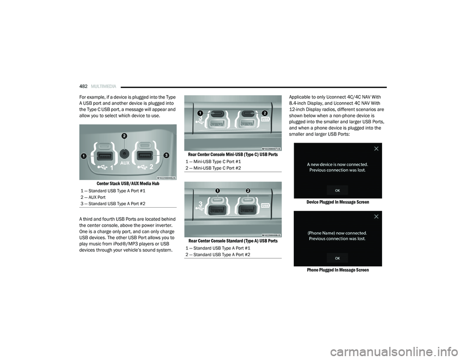 RAM CHASSIS CAB 2020 Owners Manual
482MULTIMEDIA
For example, if a device is plugged into the Type
A USB port and another device is plugged into
the Type C USB port, a message will appear and
allow you to select which device to u RAM CHASSIS CAB 2020 Owners Manual
482MULTIMEDIA
For example, if a device is plugged into the Type
A USB port and another device is plugged into
the Type C USB port, a message will appear and
allow you to select which device to u