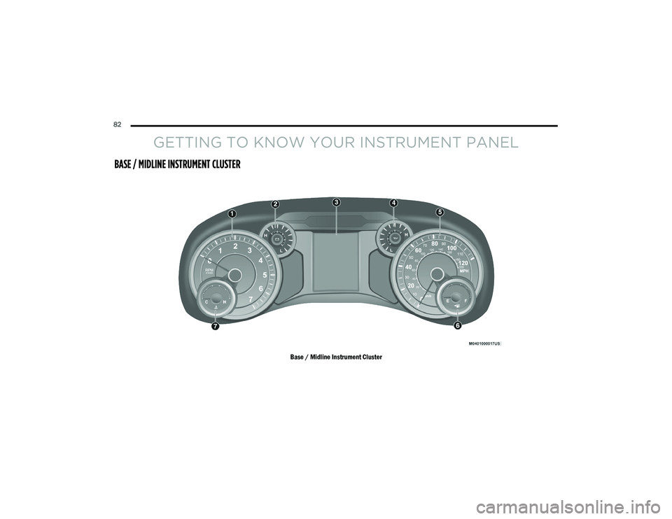 RAM CHASSIS CAB 2020 User Guide
82
GETTING TO KNOW YOUR INSTRUMENT PANEL
BASE / MIDLINE INSTRUMENT CLUSTER
Base / Midline Instrument Cluster
2020_RAM_CHASSIS_CAB_OM_USA=GUID-6C67832B-7839-4CCF-BEFC-CDF988F949EA=1=en=.book Page 82 RAM CHASSIS CAB 2020 User Guide
82
GETTING TO KNOW YOUR INSTRUMENT PANEL
BASE / MIDLINE INSTRUMENT CLUSTER
Base / Midline Instrument Cluster
2020_RAM_CHASSIS_CAB_OM_USA=GUID-6C67832B-7839-4CCF-BEFC-CDF988F949EA=1=en=.book Page 82
