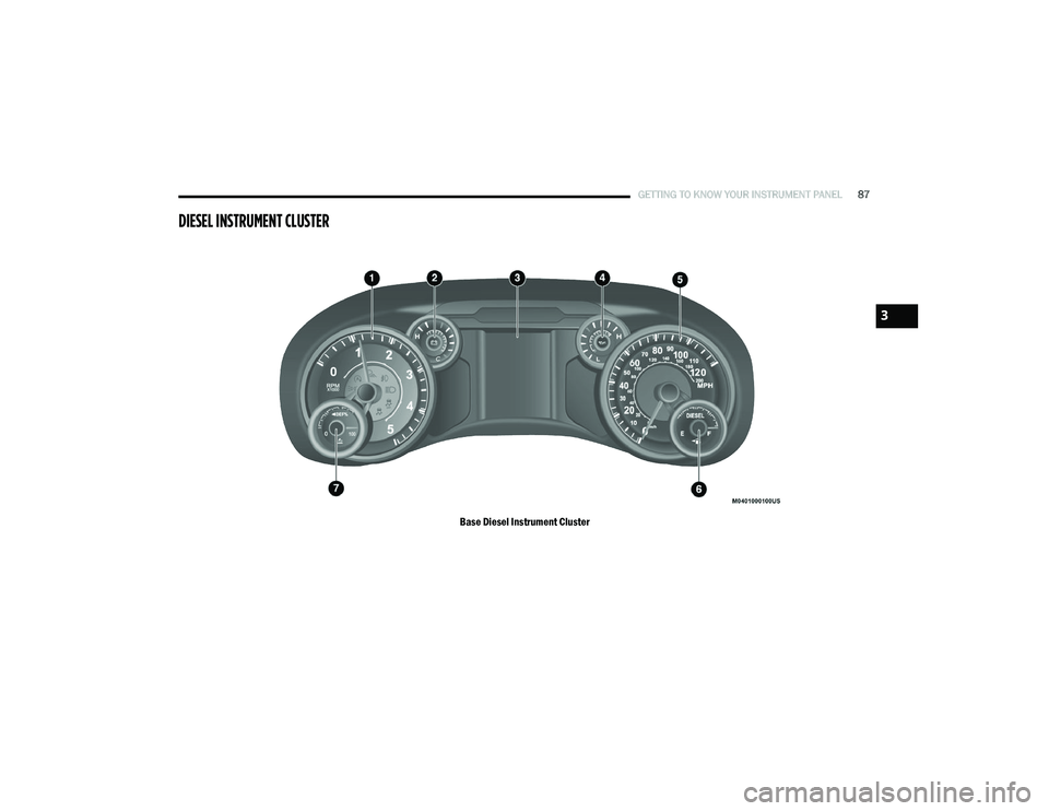 RAM CHASSIS CAB 2020 User Guide
GETTING TO KNOW YOUR INSTRUMENT PANEL87
DIESEL INSTRUMENT CLUSTER
Base Diesel Instrument Cluster
3
2020_RAM_CHASSIS_CAB_OM_USA=GUID-6C67832B-7839-4CCF-BEFC-CDF988F949EA=1=en=.book Page 87 RAM CHASSIS CAB 2020 User Guide
GETTING TO KNOW YOUR INSTRUMENT PANEL87
DIESEL INSTRUMENT CLUSTER
Base Diesel Instrument Cluster
3
2020_RAM_CHASSIS_CAB_OM_USA=GUID-6C67832B-7839-4CCF-BEFC-CDF988F949EA=1=en=.book Page 87