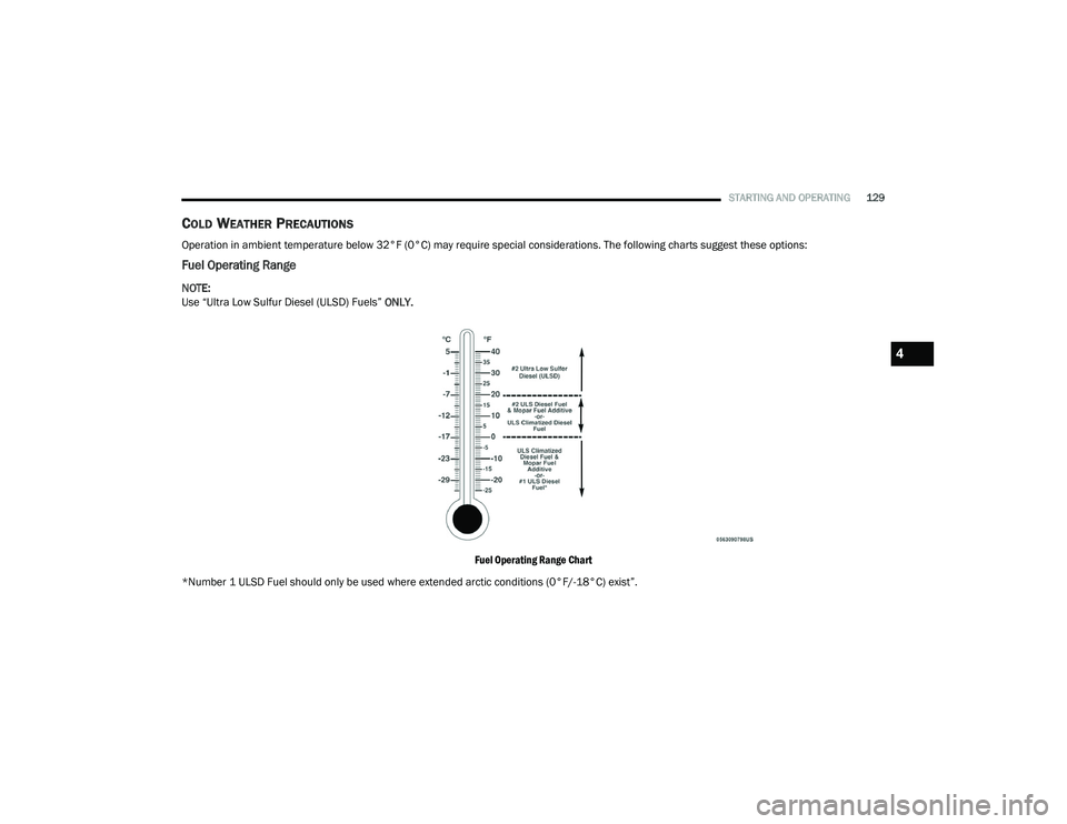 RAM CHASSIS CAB 2021  Owners Manual 
STARTING AND OPERATING129
COLD WEATHER PRECAUTIONS
Operation in ambient temperature below 32°F (0°C) may require special considerations. The following charts suggest these options:
Fuel Operating R