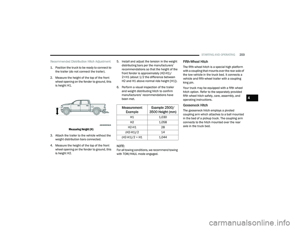 RAM CHASSIS CAB 2021 Service Manual
STARTING AND OPERATING203
Recommended Distribution Hitch Adjustment
1. Position the truck to be ready to connect to
the trailer (do not connect the trailer).
2. Measure the height of the top of th RAM CHASSIS CAB 2021 Service Manual
STARTING AND OPERATING203
Recommended Distribution Hitch Adjustment
1. Position the truck to be ready to connect to
the trailer (do not connect the trailer).
2. Measure the height of the top of th