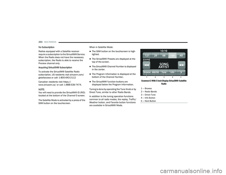 RAM CHASSIS CAB 2021 Owners Manual
250MULTIMEDIA
No Subscription
Radios equipped with a Satellite receiver
require a subscription to the SiriusXM® Service.
When the Radio does not have the necessary
subscription, the Radio is ab RAM CHASSIS CAB 2021 Owners Manual
250MULTIMEDIA
No Subscription
Radios equipped with a Satellite receiver
require a subscription to the SiriusXM® Service.
When the Radio does not have the necessary
subscription, the Radio is ab
