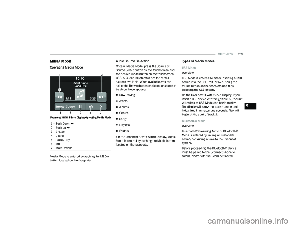 RAM CHASSIS CAB 2021 User Guide
MULTIMEDIA255
MEDIA MODE
Operating Media Mode
Uconnect 3 With 5-inch Display Operating Media Mode
Media Mode is entered by pushing the MEDIA
button located on the faceplate.
Audio Source Selecti RAM CHASSIS CAB 2021 User Guide
MULTIMEDIA255
MEDIA MODE
Operating Media Mode
Uconnect 3 With 5-inch Display Operating Media Mode
Media Mode is entered by pushing the MEDIA
button located on the faceplate.
Audio Source Selecti