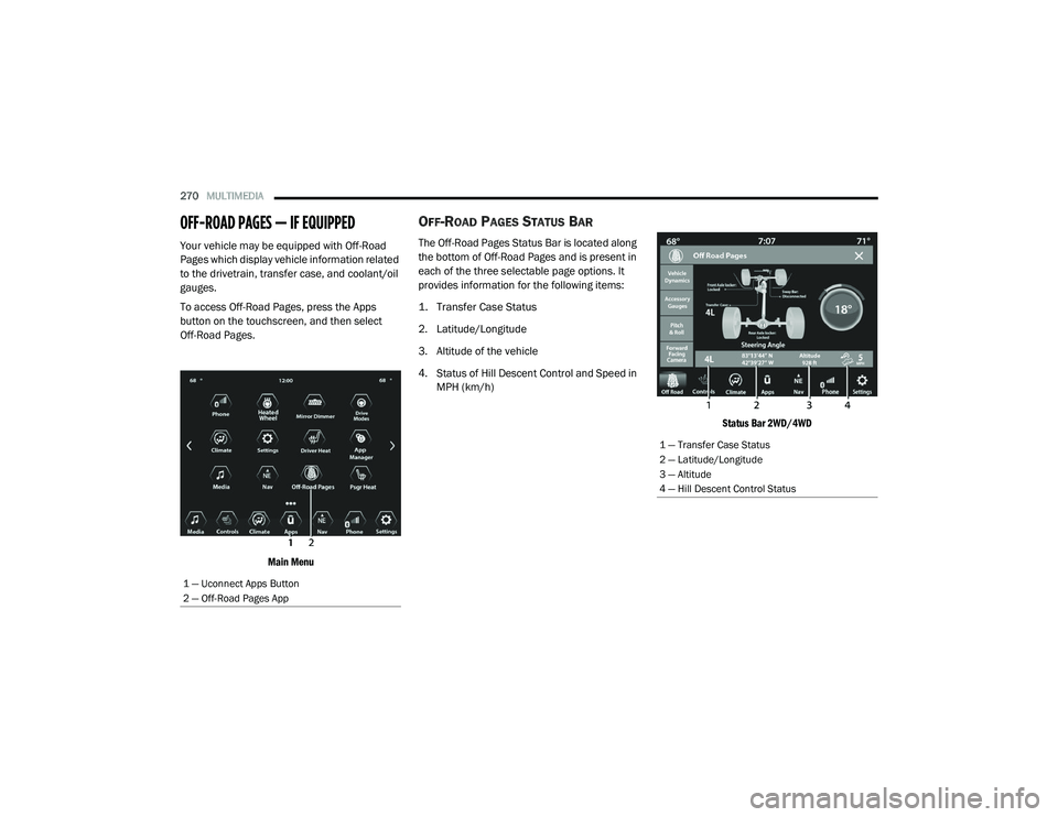 RAM CHASSIS CAB 2021 User Guide
270MULTIMEDIA
OFF-ROAD PAGES — IF EQUIPPED
Your vehicle may be equipped with Off-Road
Pages which display vehicle information related
to the drivetrain, transfer case, and coolant/oil
gauges.
RAM CHASSIS CAB 2021 User Guide
270MULTIMEDIA
OFF-ROAD PAGES — IF EQUIPPED
Your vehicle may be equipped with Off-Road
Pages which display vehicle information related
to the drivetrain, transfer case, and coolant/oil
gauges.