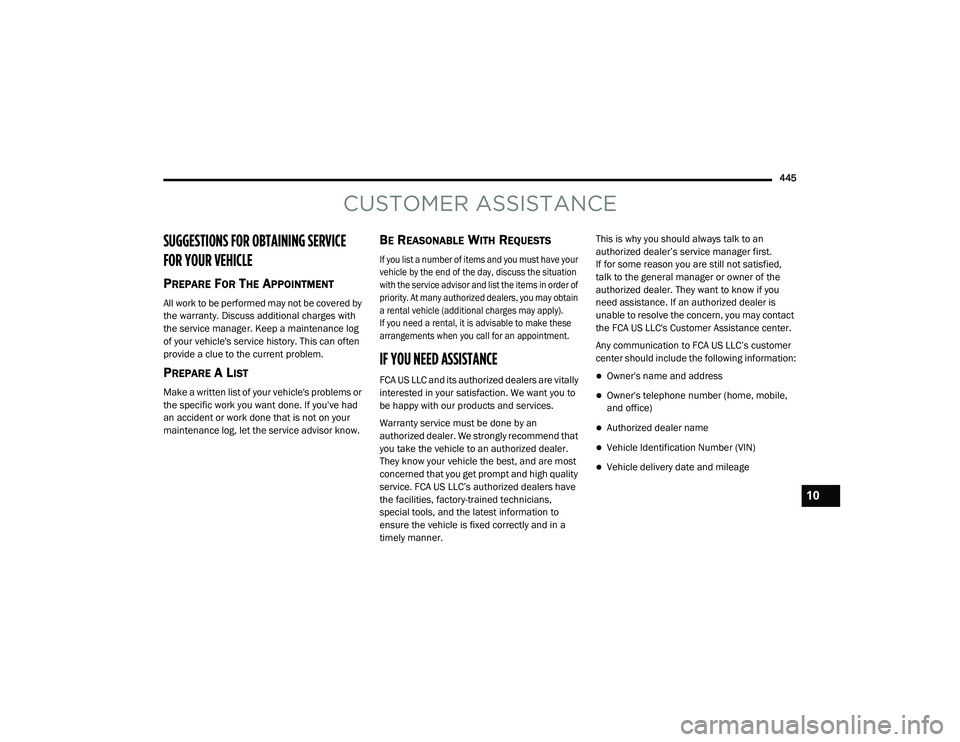RAM CHASSIS CAB 2021 Owners Manual
445
CUSTOMER ASSISTANCE
SUGGESTIONS FOR OBTAINING SERVICE
FOR YOUR VEHICLE
PREPARE FOR THE APPOINTMENT
All work to be performed may not be covered by
the warranty. Discuss additional charges with RAM CHASSIS CAB 2021 Owners Manual
445
CUSTOMER ASSISTANCE
SUGGESTIONS FOR OBTAINING SERVICE
FOR YOUR VEHICLE
PREPARE FOR THE APPOINTMENT
All work to be performed may not be covered by
the warranty. Discuss additional charges with