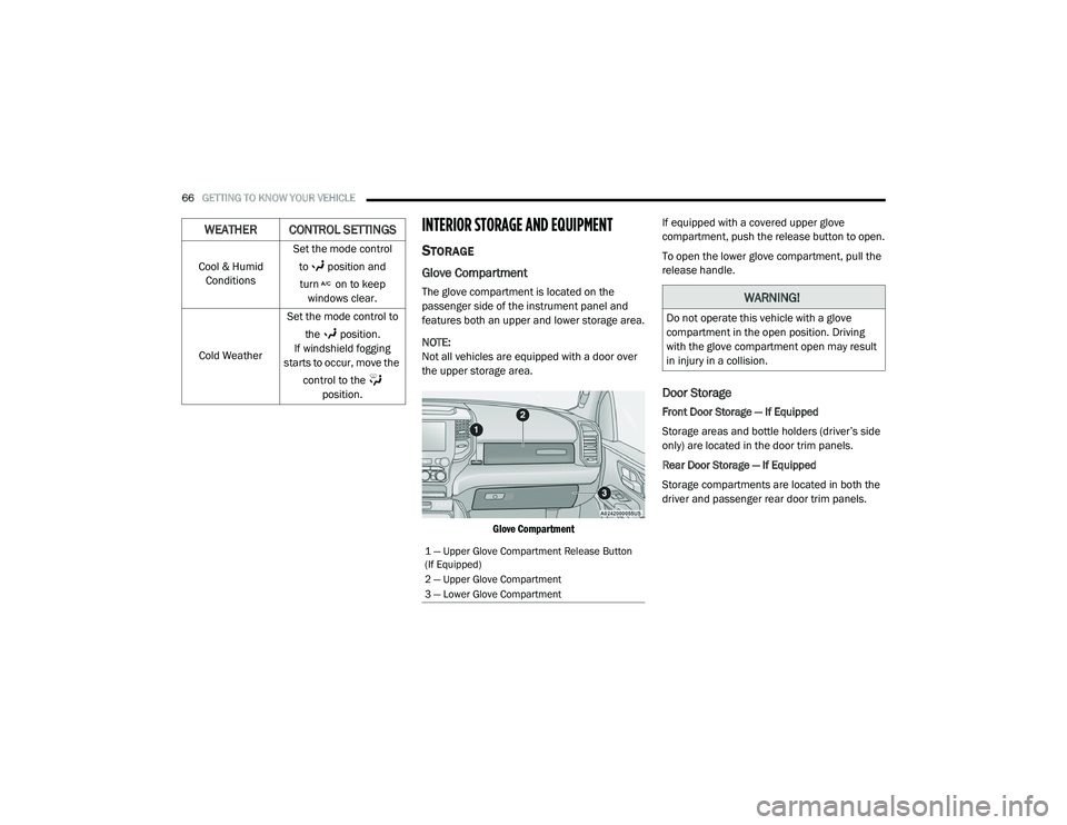 RAM CHASSIS CAB 2021 Owners Guide
66GETTING TO KNOW YOUR VEHICLE
INTERIOR STORAGE AND EQUIPMENT
STORAGE
Glove Compartment
The glove compartment is located on the
passenger side of the instrument panel and
features both an upper a RAM CHASSIS CAB 2021 Owners Guide
66GETTING TO KNOW YOUR VEHICLE
INTERIOR STORAGE AND EQUIPMENT
STORAGE
Glove Compartment
The glove compartment is located on the
passenger side of the instrument panel and
features both an upper a