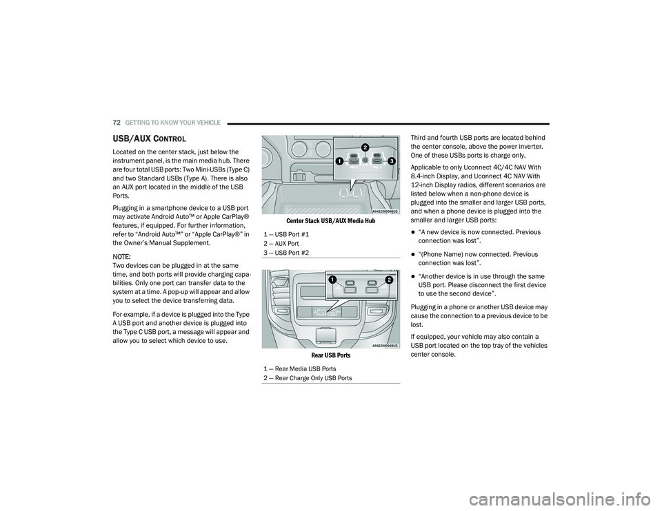 RAM CHASSIS CAB 2021  Owners Manual 
72GETTING TO KNOW YOUR VEHICLE  
USB/AUX CONTROL   
Located on the center stack, just below the 
instrument panel, is the main media hub. There 
are four total USB ports: Two Mini-USBs (Type C) 
and 