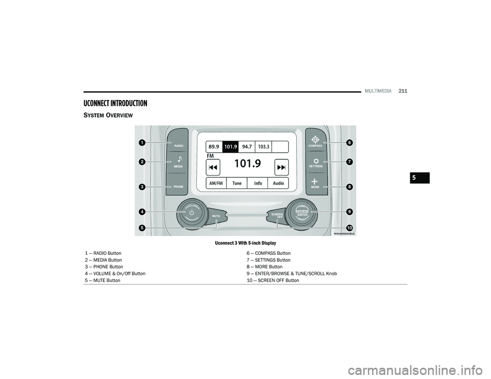 RAM CHASSIS CAB 2022 Owners Manual
MULTIMEDIA211
UCONNECT INTRODUCTION
SYSTEM OVERVIEW
Uconnect 3 With 5-inch Display
1 — RADIO Button 6 — COMPASS Button
2 — MEDIA Button 7 — SETTINGS Button
3 — PHONE Button 8 — MORE Butt RAM CHASSIS CAB 2022 Owners Manual
MULTIMEDIA211
UCONNECT INTRODUCTION
SYSTEM OVERVIEW
Uconnect 3 With 5-inch Display
1 — RADIO Button 6 — COMPASS Button
2 — MEDIA Button 7 — SETTINGS Button
3 — PHONE Button 8 — MORE Butt