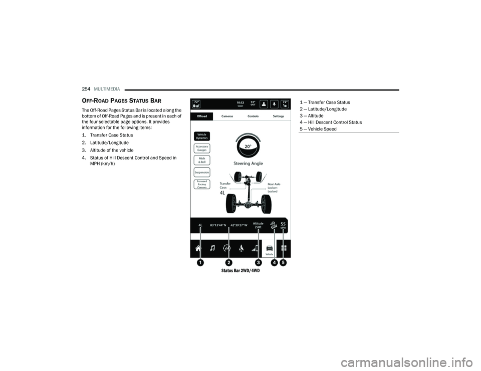 RAM CHASSIS CAB 2022 User Guide
254MULTIMEDIA
OFF-ROAD PAGES STATUS BAR
The Off-Road Pages Status Bar is located along the
bottom of Off-Road Pages and is present in each of
the four selectable page options. It provides
inform RAM CHASSIS CAB 2022 User Guide
254MULTIMEDIA
OFF-ROAD PAGES STATUS BAR
The Off-Road Pages Status Bar is located along the
bottom of Off-Road Pages and is present in each of
the four selectable page options. It provides
inform