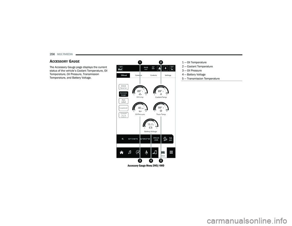 RAM CHASSIS CAB 2022 Owners Manual
256MULTIMEDIA
ACCESSORY GAUGE
The Accessory Gauge page displays the current
status of the vehicle’s Coolant Temperature, Oil
Temperature, Oil Pressure, Transmission
Temperature, and Battery Vo RAM CHASSIS CAB 2022 Owners Manual
256MULTIMEDIA
ACCESSORY GAUGE
The Accessory Gauge page displays the current
status of the vehicle’s Coolant Temperature, Oil
Temperature, Oil Pressure, Transmission
Temperature, and Battery Vo