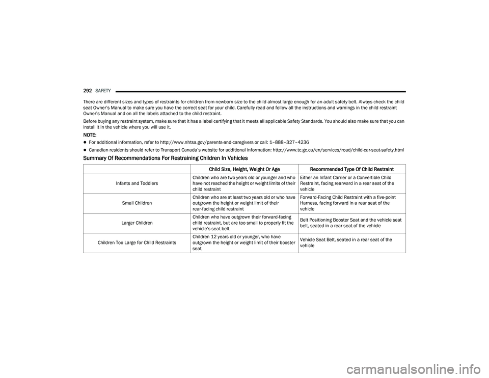 RAM CHASSIS CAB 2022 Owners Manual
292SAFETY
There are different sizes and types of restraints for children from newborn size to the child almost large enough for an adult safety belt. Always check the child
seat Owner’s Manual t RAM CHASSIS CAB 2022 Owners Manual
292SAFETY
There are different sizes and types of restraints for children from newborn size to the child almost large enough for an adult safety belt. Always check the child
seat Owner’s Manual t