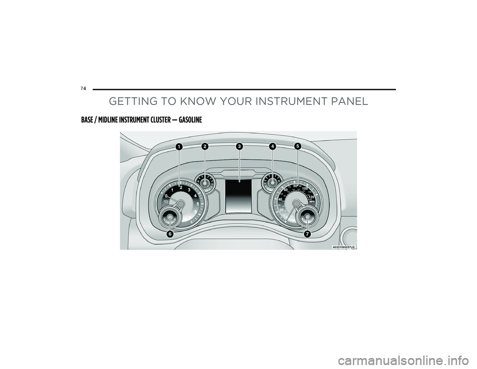 RAM CHASSIS CAB 2022 User Guide
74
GETTING TO KNOW YOUR INSTRUMENT PANEL
BASE / MIDLINE INSTRUMENT CLUSTER — GASOLINE
22_DPF_OM_EN_USC_t.book Page 74 RAM CHASSIS CAB 2022 User Guide
74
GETTING TO KNOW YOUR INSTRUMENT PANEL
BASE / MIDLINE INSTRUMENT CLUSTER — GASOLINE
22_DPF_OM_EN_USC_t.book Page 74