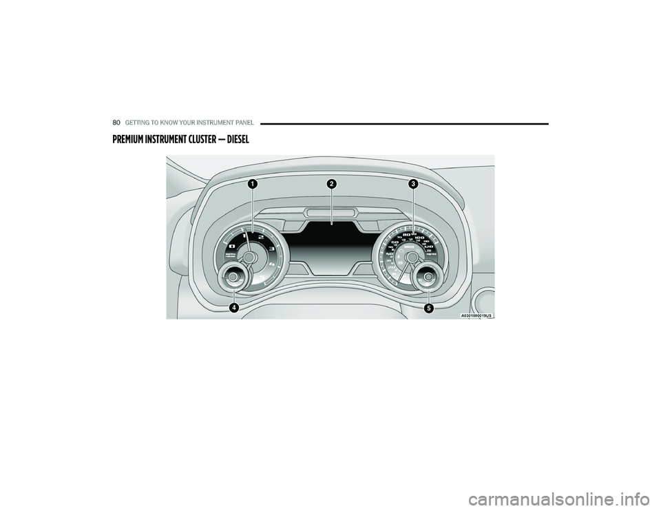 RAM CHASSIS CAB 2022 User Guide
80GETTING TO KNOW YOUR INSTRUMENT PANEL
PREMIUM INSTRUMENT CLUSTER — DIESEL
22_DPF_OM_EN_USC_t.book Page 80 RAM CHASSIS CAB 2022 User Guide
80GETTING TO KNOW YOUR INSTRUMENT PANEL
PREMIUM INSTRUMENT CLUSTER — DIESEL
22_DPF_OM_EN_USC_t.book Page 80