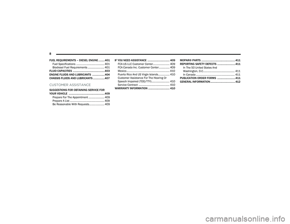RAM CHASSIS CAB 2022  Owners Manual 
8 
FUEL REQUIREMENTS – DIESEL ENGINE ......... 401 Fuel Specifications  ....................................... 401
Biodiesel Fuel Requirements ....................... 401
FLUID CAPACITIES  .......