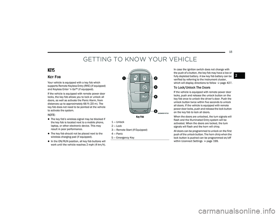 RAM CHASSIS CAB 2023 User Guide
15
GETTING TO KNOW YOUR VEHICLE
KEYS
KEY FOB
Your vehicle is equipped with a key fob which
supports Remote Keyless Entry (RKE) (if equipped)
and Keyless Enter ‘n Go™ (if equipped).
If the vehi RAM CHASSIS CAB 2023 User Guide
15
GETTING TO KNOW YOUR VEHICLE
KEYS
KEY FOB
Your vehicle is equipped with a key fob which
supports Remote Keyless Entry (RKE) (if equipped)
and Keyless Enter ‘n Go™ (if equipped).
If the vehi