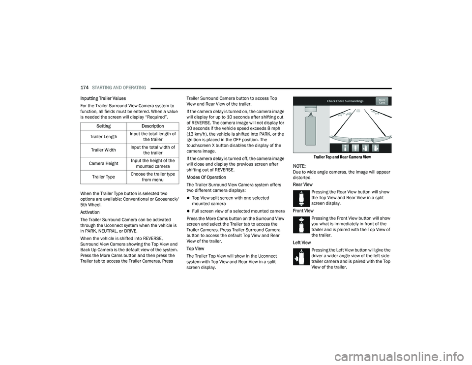 RAM CHASSIS CAB 2023 Owners Manual
174STARTING AND OPERATING
Inputting Trailer Values
For the Trailer Surround View Camera system to
function, all fields must be entered. When a value
is needed the screen will display “Required RAM CHASSIS CAB 2023 Owners Manual
174STARTING AND OPERATING
Inputting Trailer Values
For the Trailer Surround View Camera system to
function, all fields must be entered. When a value
is needed the screen will display “Required