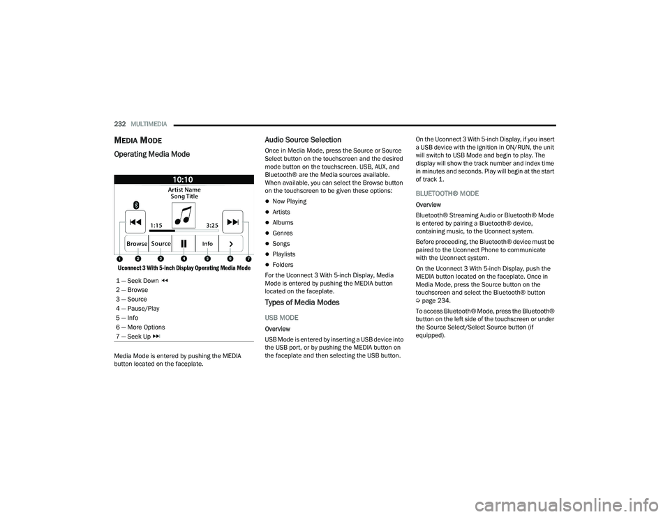 RAM CHASSIS CAB 2023 Owners Manual
232MULTIMEDIA
MEDIA MODE
Operating Media Mode
Uconnect 3 With 5-inch Display Operating Media Mode
Media Mode is entered by pushing the MEDIA
button located on the faceplate.
Audio Source Selec RAM CHASSIS CAB 2023 Owners Manual
232MULTIMEDIA
MEDIA MODE
Operating Media Mode
Uconnect 3 With 5-inch Display Operating Media Mode
Media Mode is entered by pushing the MEDIA
button located on the faceplate.
Audio Source Selec