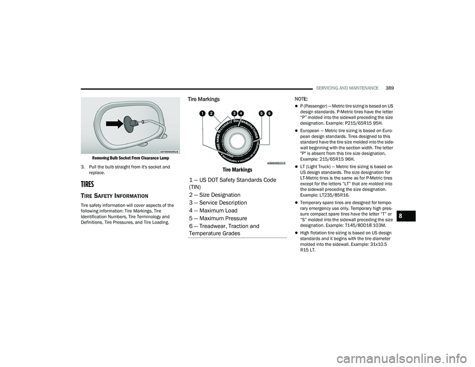 RAM CHASSIS CAB 2023 Owners Manual
SERVICING AND MAINTENANCE389
Removing Bulb Socket From Clearance Lamp
3. Pull the bulb straight from it's socket and replace.
TIRES
TIRE SAFETY INFORMATION
Tire safety information will cove RAM CHASSIS CAB 2023 Owners Manual
SERVICING AND MAINTENANCE389
Removing Bulb Socket From Clearance Lamp
3. Pull the bulb straight from it's socket and replace.
TIRES
TIRE SAFETY INFORMATION
Tire safety information will cove
