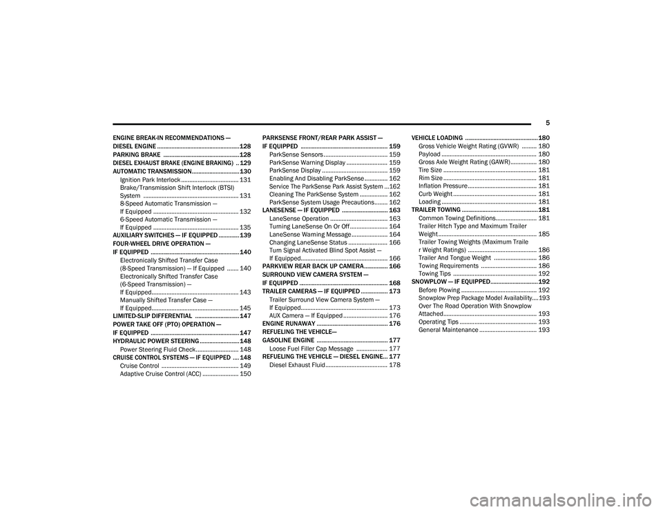 RAM CHASSIS CAB 2023  Owners Manual 
5
ENGINE BREAK-IN RECOMMENDATIONS — 
DIESEL ENGINE .................................................... 128
PARKING BRAKE  ................................................ 128

DIESEL EXHAUST BRAKE