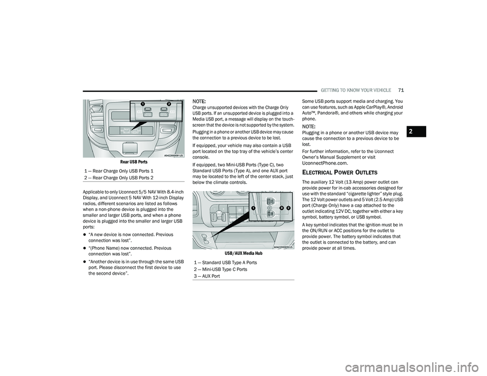 RAM CHASSIS CAB 2023 Manual PDF
GETTING TO KNOW YOUR VEHICLE71
Rear USB Ports
Applicable to only Uconnect 5/5 NAV With 8.4-inch
Display, and Uconnect 5 NAV With 12-inch Display
radios, different scenarios are listed as follows RAM CHASSIS CAB 2023 Manual PDF
GETTING TO KNOW YOUR VEHICLE71
Rear USB Ports
Applicable to only Uconnect 5/5 NAV With 8.4-inch
Display, and Uconnect 5 NAV With 12-inch Display
radios, different scenarios are listed as follows
