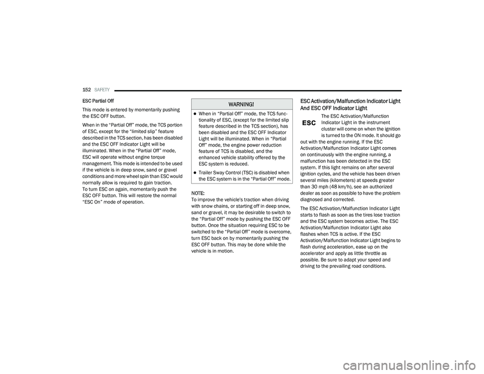 RAM PROMASTER 2021 Owners Manual
152SAFETY
ESC Partial Off
This mode is entered by momentarily pushing
the ESC OFF button.
When in the “Partial Off” mode, the TCS portion
of ESC, except for the “limited slip” feature
de RAM PROMASTER 2021 Owners Manual
152SAFETY
ESC Partial Off
This mode is entered by momentarily pushing
the ESC OFF button.
When in the “Partial Off” mode, the TCS portion
of ESC, except for the “limited slip” feature
de
