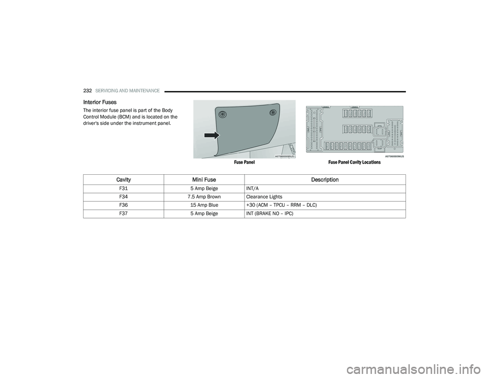 RAM PROMASTER 2021  Owners Manual 
232SERVICING AND MAINTENANCE  
Interior Fuses
The interior fuse panel is part of the Body 
Control Module (BCM) and is located on the 
driver's side under the instrument panel.

Fuse PanelFuse Pa