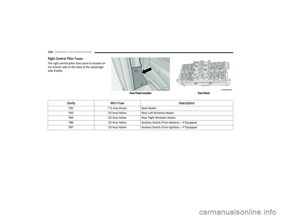 RAM PROMASTER 2021 User Guide
234SERVICING AND MAINTENANCE
Right Central Pillar Fuses
The right central pillar fuse panel is located on
the interior side at the base of the passenger
side B-pillar.
Fuse Panel LocationFuse Pa RAM PROMASTER 2021 User Guide
234SERVICING AND MAINTENANCE
Right Central Pillar Fuses
The right central pillar fuse panel is located on
the interior side at the base of the passenger
side B-pillar.
Fuse Panel LocationFuse Pa