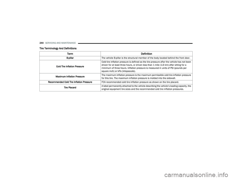 RAM PROMASTER 2021 Owners Manual
244SERVICING AND MAINTENANCE
Tire Terminology And Definitions
Term Definition
B-pillarThe vehicle B-pillar is the structural member of the body located behind the front door.
Cold Tire Inflation Pr RAM PROMASTER 2021 Owners Manual
244SERVICING AND MAINTENANCE
Tire Terminology And Definitions
Term Definition
B-pillarThe vehicle B-pillar is the structural member of the body located behind the front door.
Cold Tire Inflation Pr