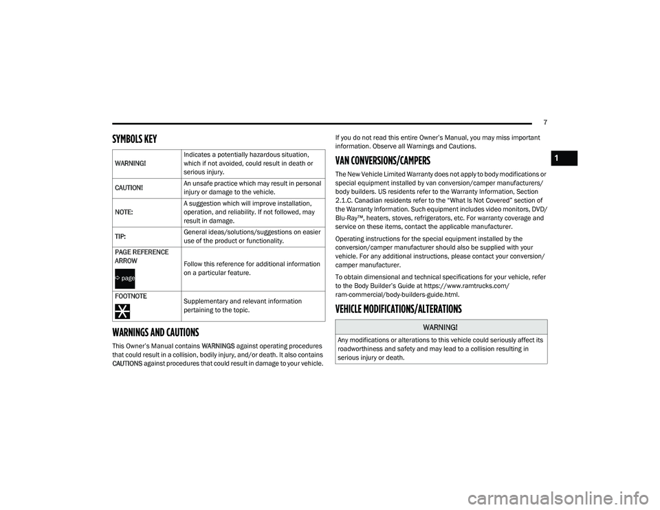 RAM PROMASTER 2021  Owners Manual 
7
SYMBOLS KEY
WARNINGS AND CAUTIONS 
This Owner’s Manual contains WARNINGS against operating procedures 
that could result in a collision, bodily injury, and/or death. It also contains 
CAUTIONS  a