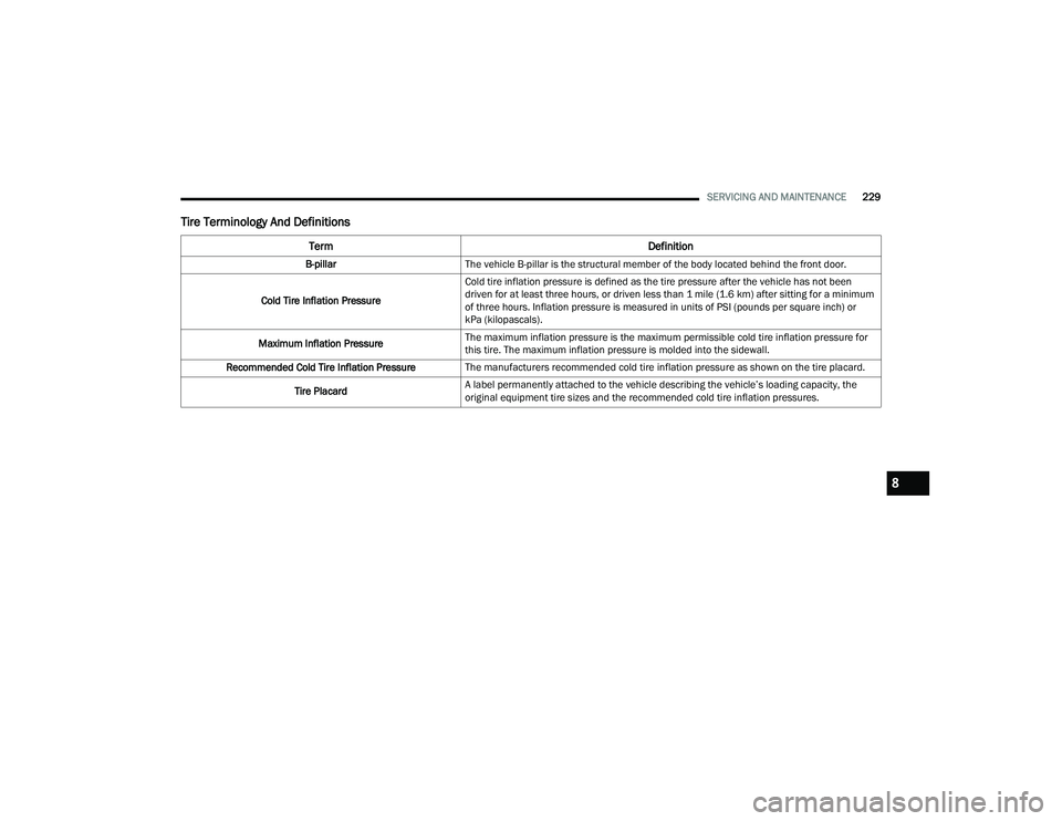 RAM PROMASTER 2022  Owners Manual 
SERVICING AND MAINTENANCE229
Tire Terminology And Definitions
Term Definition
B-pillarThe vehicle B-pillar is the structural member of the body located behind the front door.
Cold Tire Inflation Pres