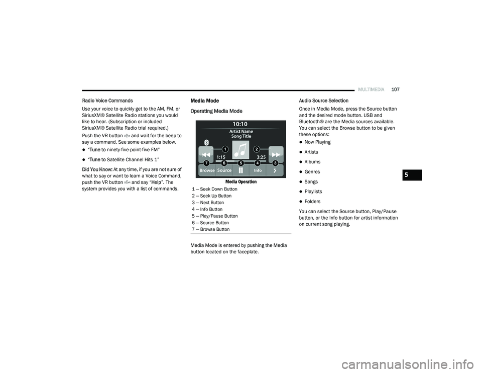 RAM PROMASTER CITY 2021  Owners Manual 
MULTIMEDIA107
Radio Voice Commands
Use your voice to quickly get to the AM, FM, or 
SiriusXM® Satellite Radio stations you would 
like to hear. (Subscription or included 
SiriusXM® Satellite Radio 