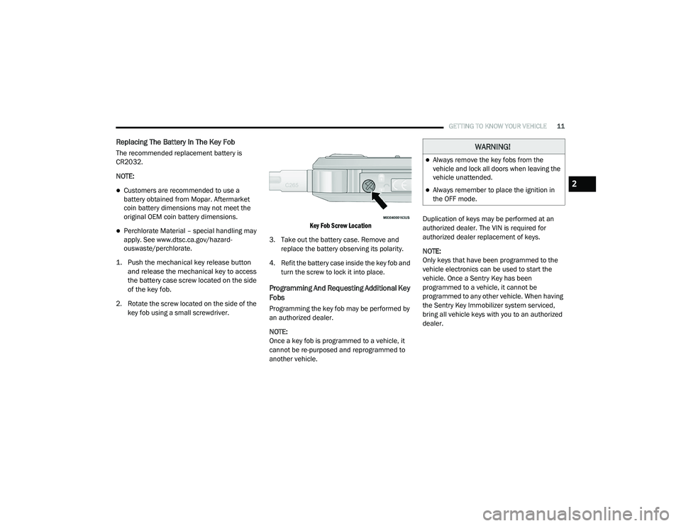 RAM PROMASTER CITY 2021 Owners Manual
GETTING TO KNOW YOUR VEHICLE11
Replacing The Battery In The Key Fob
The recommended replacement battery is
CR2032.
NOTE:
Customers are recommended to use a
battery obtained from Mopar. Aftermark RAM PROMASTER CITY 2021 Owners Manual
GETTING TO KNOW YOUR VEHICLE11
Replacing The Battery In The Key Fob
The recommended replacement battery is
CR2032.
NOTE:
Customers are recommended to use a
battery obtained from Mopar. Aftermark