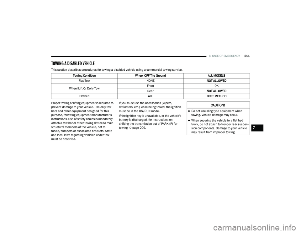 RAM PROMASTER CITY 2021 Owners Manual
IN CASE OF EMERGENCY211
TOWING A DISABLED VEHICLE
This section describes procedures for towing a disabled vehicle using a commercial towing service.
Proper towing or lifting equipment is required t RAM PROMASTER CITY 2021 Owners Manual
IN CASE OF EMERGENCY211
TOWING A DISABLED VEHICLE
This section describes procedures for towing a disabled vehicle using a commercial towing service.
Proper towing or lifting equipment is required t