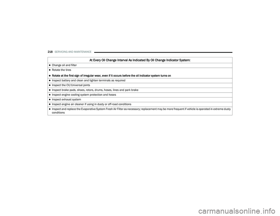 RAM PROMASTER CITY 2021  Owners Manual 
218SERVICING AND MAINTENANCE  
At Every Oil Change Interval As Indicated By Oil Change Indicator System:
Change oil and filter
Rotate the tires
Rotate at the first sign of irregular wear, ev