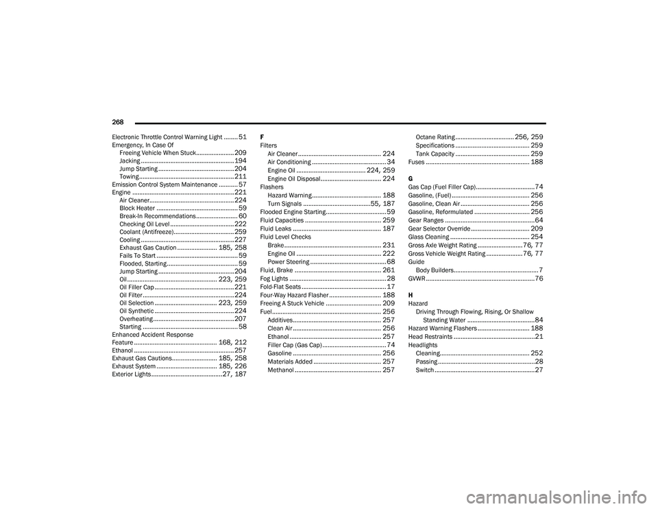 RAM PROMASTER CITY 2021  Owners Manual 
268 
Electronic Throttle Control Warning Light
........ 51Emergency, In Case Of Freeing Vehicle When Stuck...................... 209Jacking...................................................... 194Ju