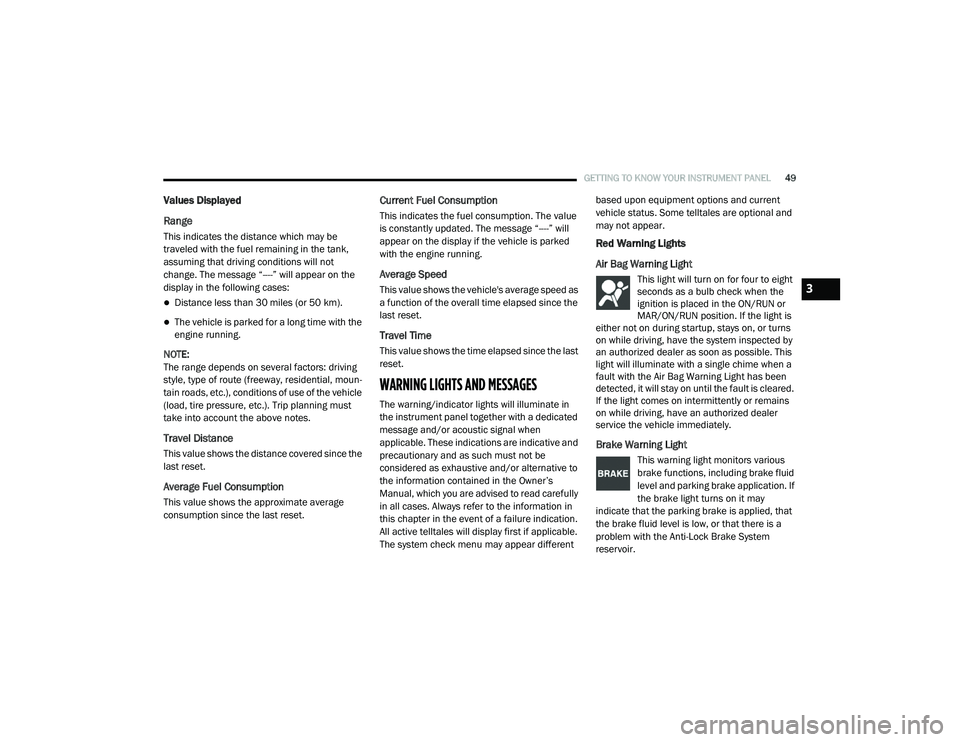 RAM PROMASTER CITY 2021  Owners Manual 
GETTING TO KNOW YOUR INSTRUMENT PANEL49
Values Displayed
Range
This indicates the distance which may be 
traveled with the fuel remaining in the tank, 
assuming that driving conditions will not 
chan