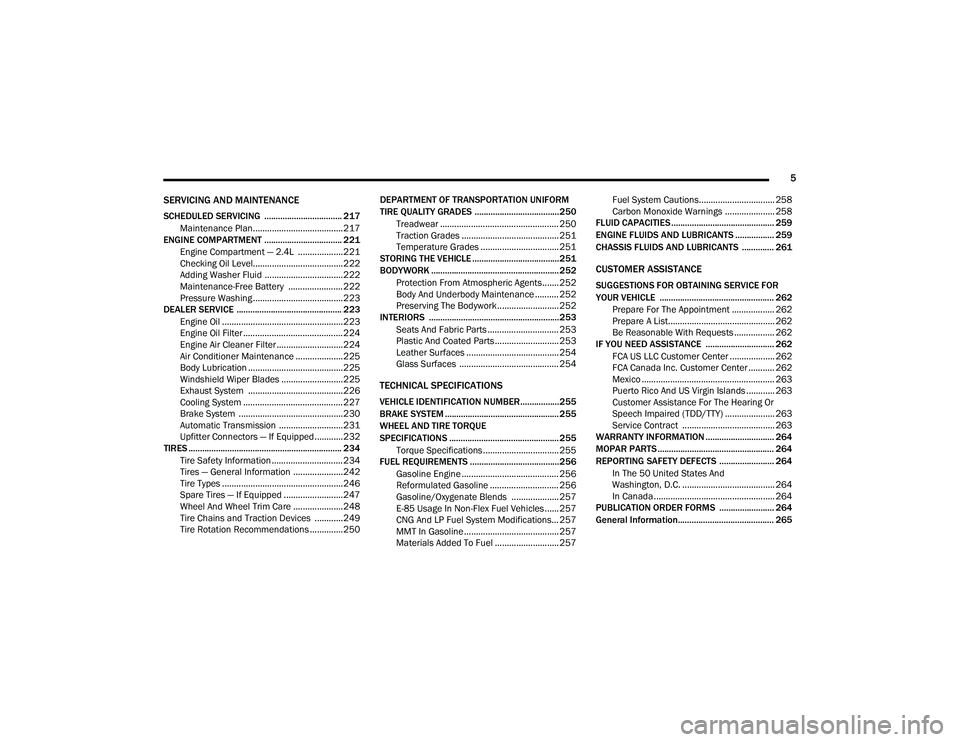 RAM PROMASTER CITY 2021  Owners Manual 
5
SERVICING AND MAINTENANCE
SCHEDULED SERVICING  .................................. 217Maintenance Plan......................................217
ENGINE COMPARTMENT .................................. 