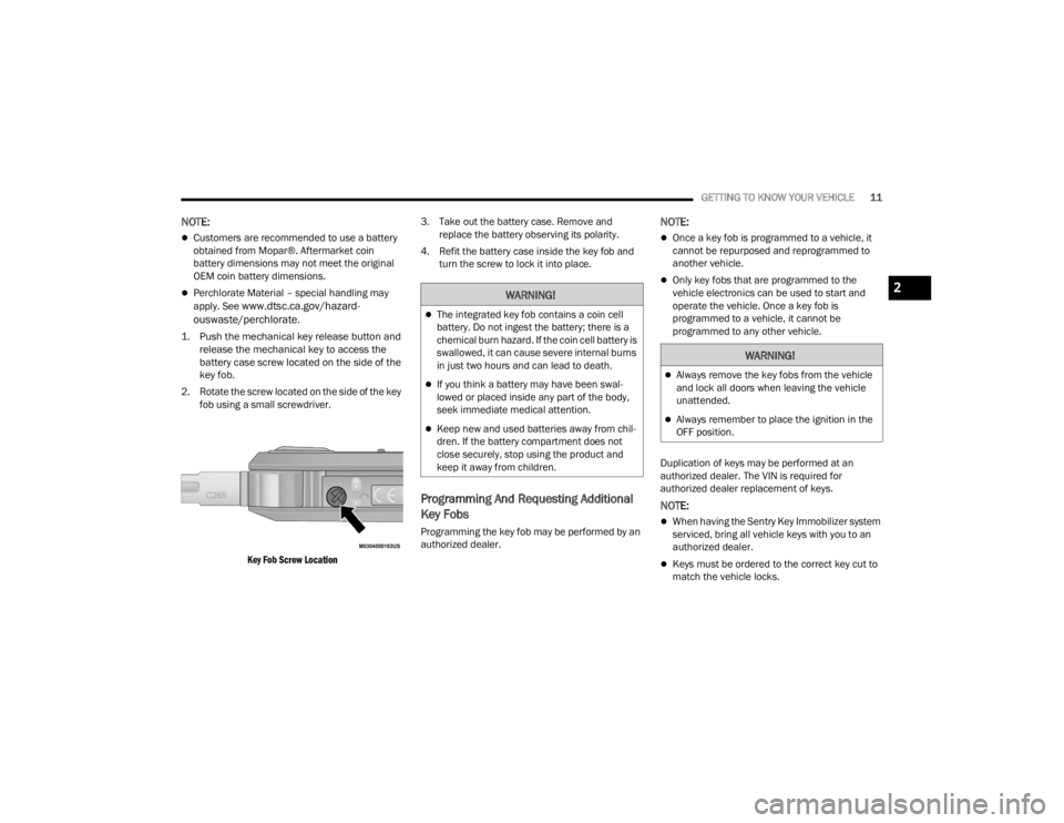 RAM PROMASTER CITY 2022 User Guide 
GETTING TO KNOW YOUR VEHICLE11
NOTE:
Customers are recommended to use a battery 
obtained from Mopar®. Aftermarket coin 
battery dimensions may not meet the original 
OEM coin battery dimensions.