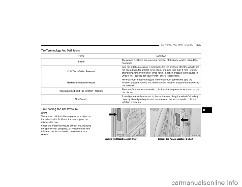 RAM PROMASTER CITY 2022  Owners Manual 
SERVICING AND MAINTENANCE221
Tire Terminology And Definitions
Tire Loading And Tire Pressure  
NOTE:The proper cold tire inflation pressure is listed on 
the driver’s side B-pillar or the rear edge