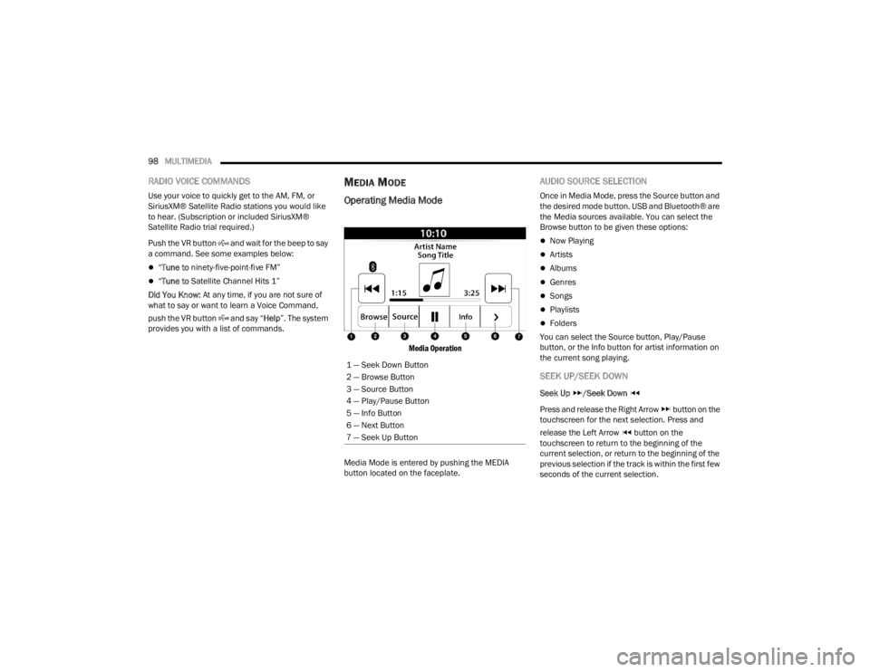 RAM PROMASTER CITY 2022  Owners Manual 
98MULTIMEDIA  
RADIO VOICE COMMANDS
Use your voice to quickly get to the AM, FM, or 
SiriusXM® Satellite Radio stations you would like 
to hear. (Subscription or included SiriusXM® 
Satellite Radio