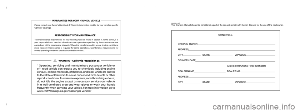 Hyundai Accent 2020  Owners Manual A000A01A-AATWARRANTIES FOR YOUR HYUNDAI VEHICLE
Please consult your Owners Handbook & Warranty Information booklet for your vehicles specific 
warranty coverage.
          RESPONSIBILITY FOR MAINTEN