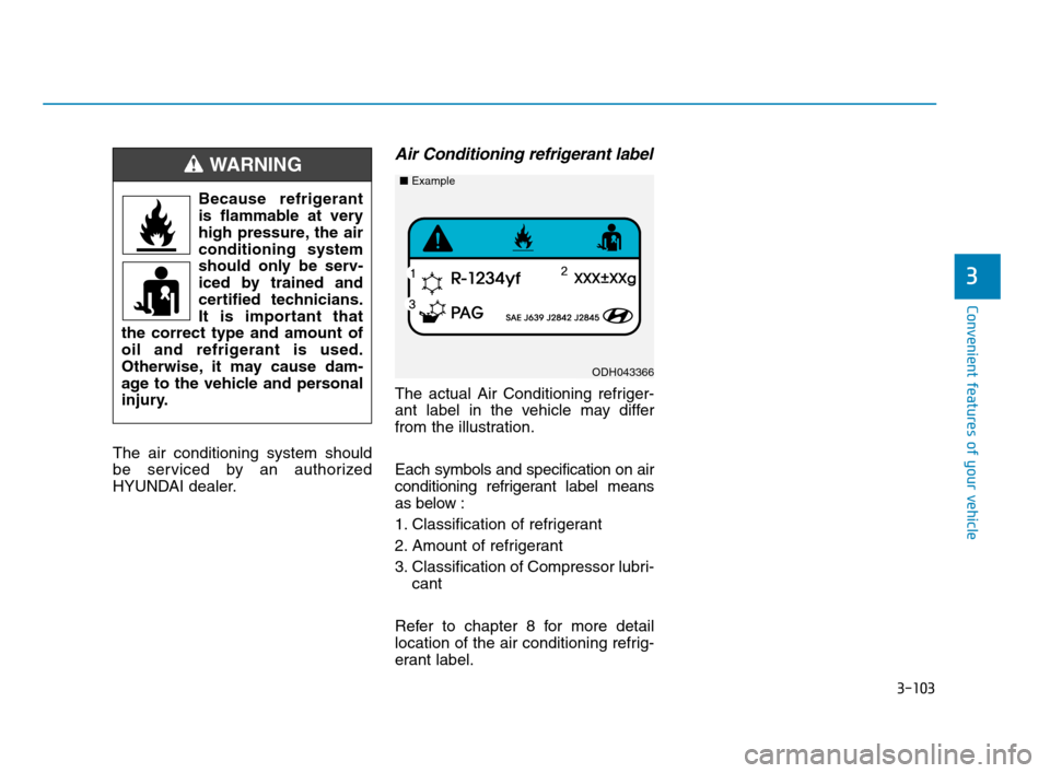 Hyundai Accent 2020  Owners Manual 3-103
Convenient features of your vehicle
3
The air conditioning system should
be serviced by an authorized
HYUNDAI dealer.
Air Conditioning refrigerant label
The actual Air Conditioning refriger-
ant