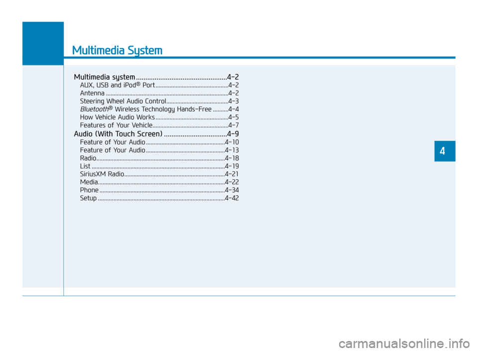 Hyundai Accent 2020  Owners Manual Multimedia System
Multimedia system .................................................4-2
AUX, USB and iPod®Port ...............................................4-2
Antenna ............................