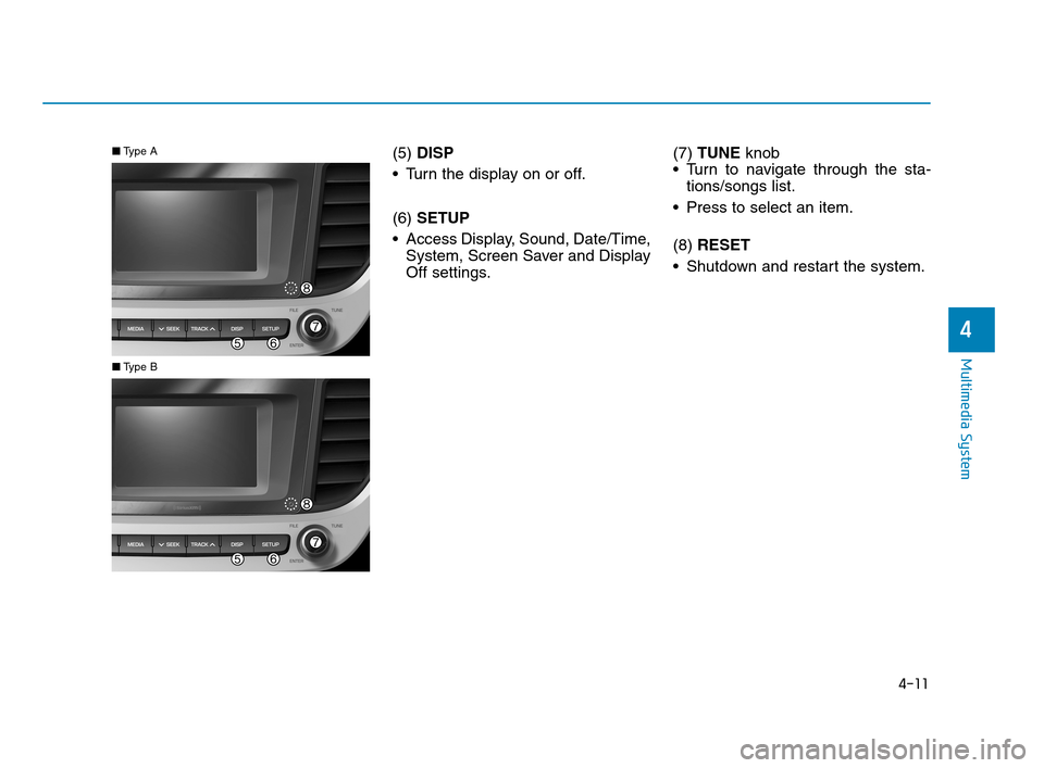 Hyundai Accent 2020 Service Manual (5) DISP
Turn the display on or off.
(6)SETUP
Access Display, Sound, Date/Time,
System, Screen Saver and Display
Off settings.(7) TUNE knob
Turn to navigate through the sta-
tions/songs list.
Pre Hyundai Accent 2020 Service Manual (5) DISP
Turn the display on or off.
(6)SETUP
Access Display, Sound, Date/Time,
System, Screen Saver and Display
Off settings.(7) TUNE knob
Turn to navigate through the sta-
tions/songs list.
Pre