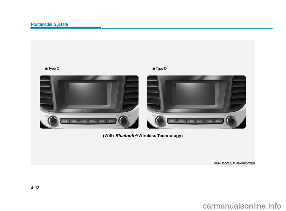 Hyundai Accent 2020  Owners Manual 4-12
Multimedia System
J0H4H0002EU/J0H4H0003EU
■Type C■Type D
(With Bluetooth®Wireless Technology)
HCa HMA 4.qxp  12/1/2017  5:30 PM  Page 12 