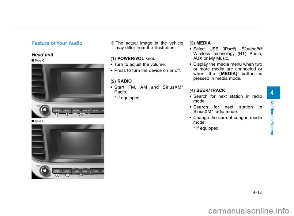 Hyundai Accent 2020  Owners Manual 4-13
Multimedia System
4
Feature of Your Audio
Head unit
❈The actual image in the vehicle
may differ from the illustration.
(1) POWER/VOL knob 
 Turn to adjust the volume.
 Press to turn the device 