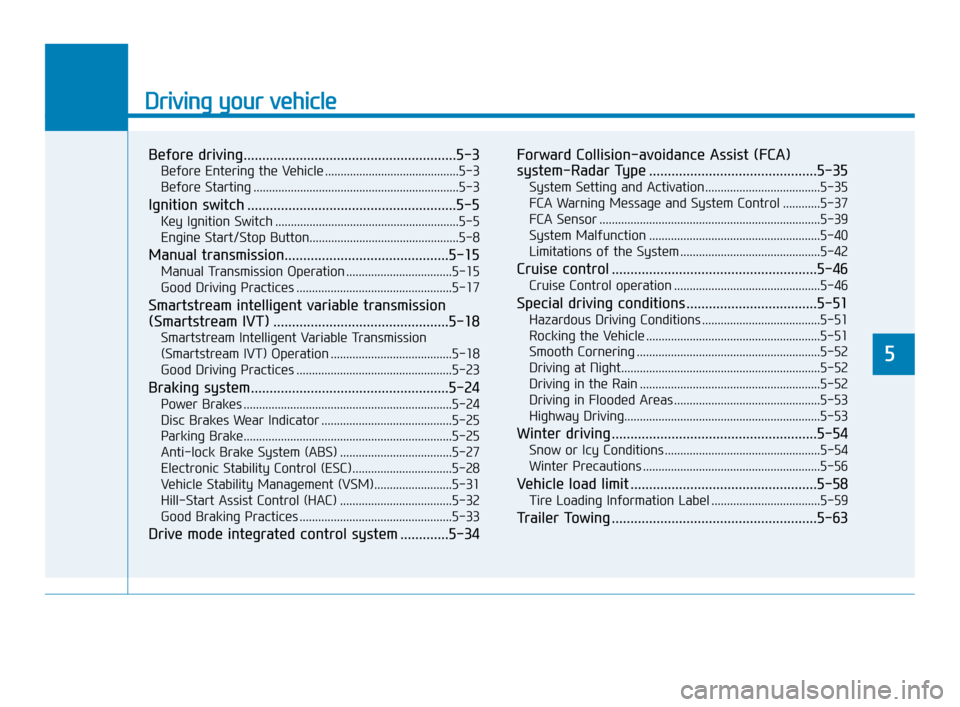 Hyundai Accent 2020  Owners Manual Driving your vehicle
5
Before driving.........................................................5-3
Before Entering the Vehicle ...........................................5-3
Before Starting ...........