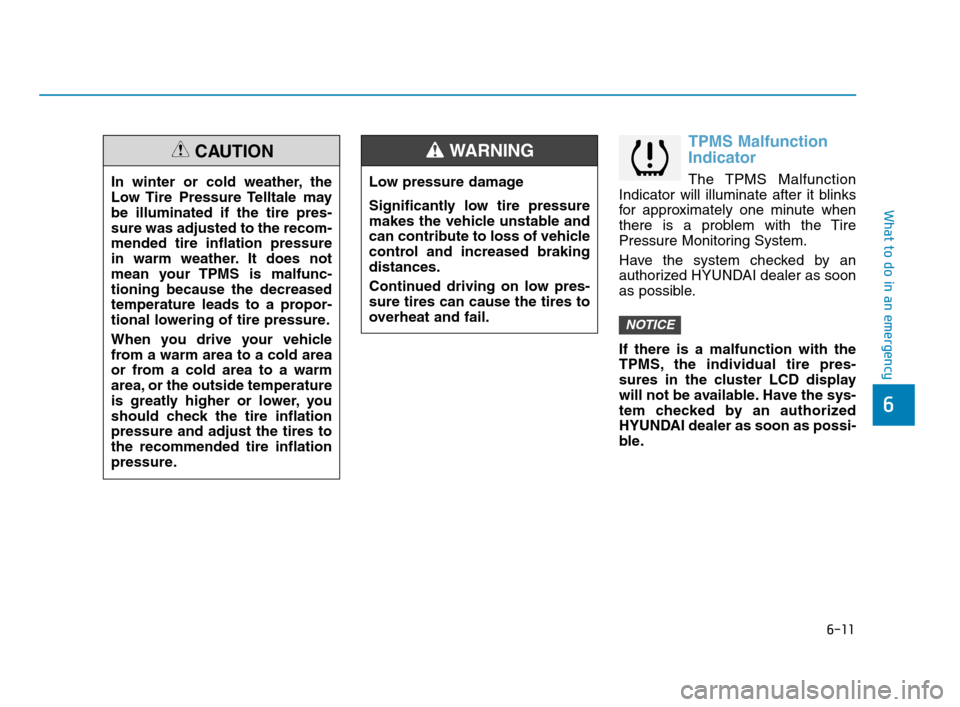 Hyundai Accent 2020  Owners Manual 6-11
What to do in an emergency
6
TPMS Malfunction
Indicator
The TPMS Malfunction
Indicator will illuminate after it blinks
for approximately one minute when
there is a problem with the Tire
Pressure 