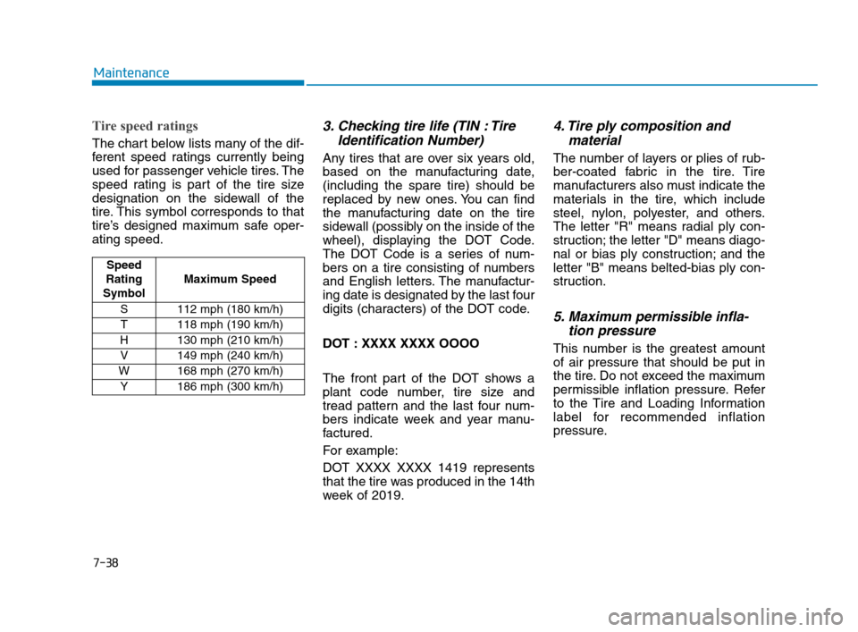 Hyundai Accent 2020 Manual PDF 7-38
Maintenance
Tire speed ratings 
The chart below lists many of the dif-
ferent speed ratings currently being
used for passenger vehicle tires. The
speed rating is part of the tire size
designation