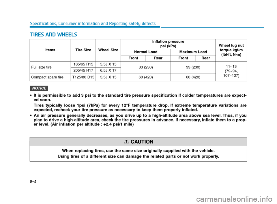 Hyundai Accent 2020 Owners Manual 8-4
Specifications, Consumer information and Reporting safety defects
T TI
IR
RE
ES
S
A
AN
ND
D
W
WH
HE
EE
EL
LS
S
When replacing tires, use the same size originally supplied with the vehicle.
Usi Hyundai Accent 2020 Owners Manual 8-4
Specifications, Consumer information and Reporting safety defects
T TI
IR
RE
ES
S
A
AN
ND
D
W
WH
HE
EE
EL
LS
S
When replacing tires, use the same size originally supplied with the vehicle.
Usi